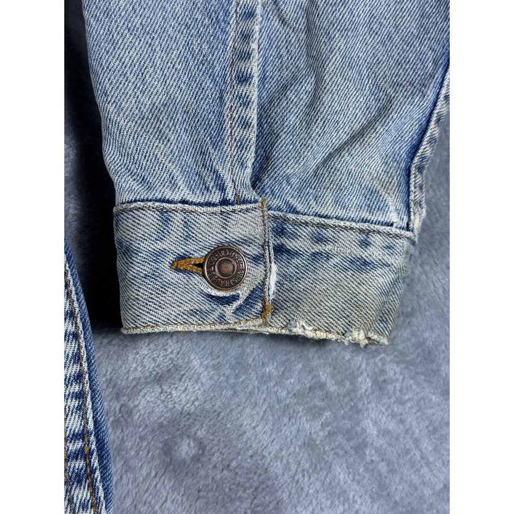 Mens 90s Vintage Levis Light Wash Distress Denim Trucker Jacket Blue Size Large - Picture 4 of 13